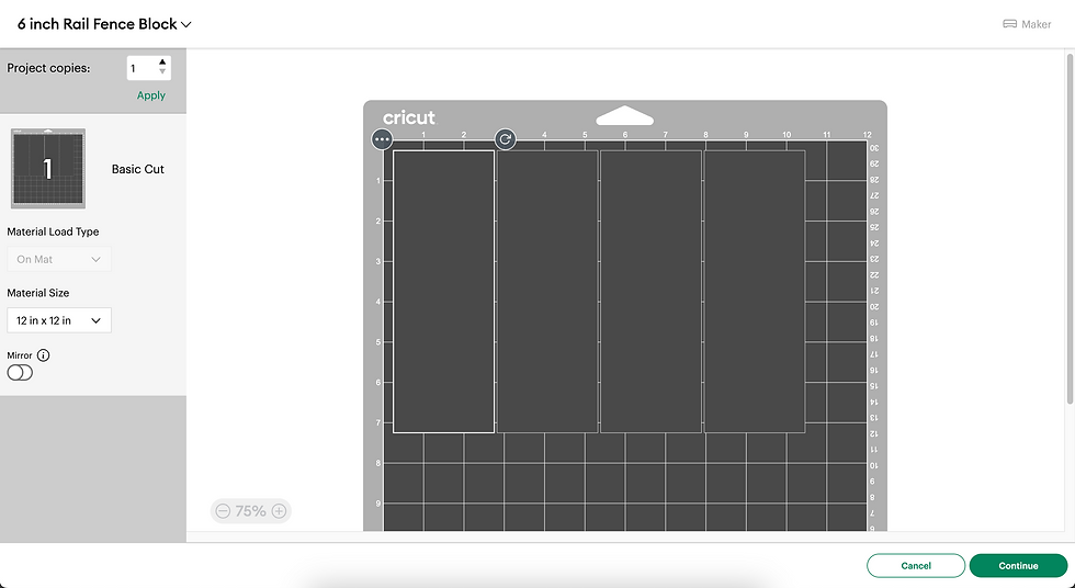 Cricut Design Space screen with a Cricut Mat and 4 black rectangles arranged on it