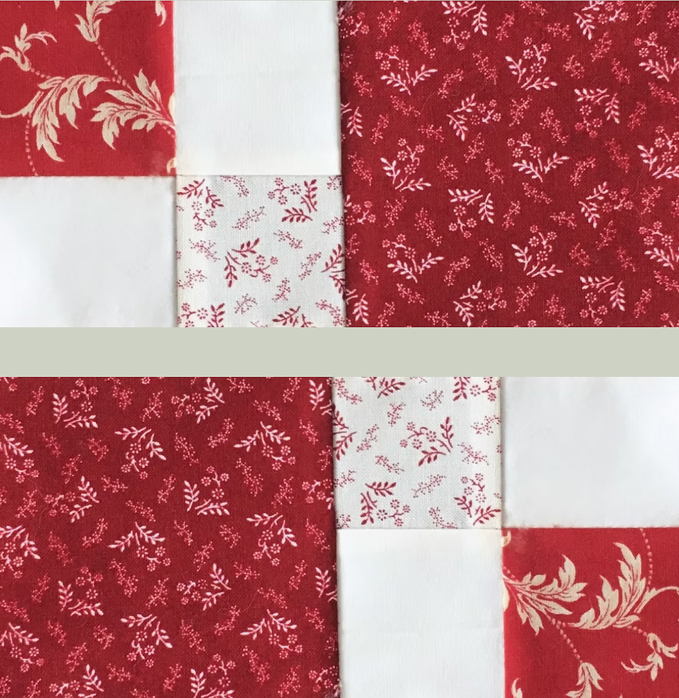 Quilt block made from two units, each with four small squares forming a larger square joined to one full square