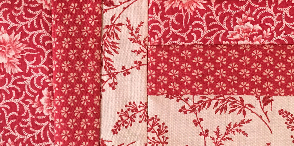 One square made of 3 fabric strips sewn to another square made of 3 fabric strips
