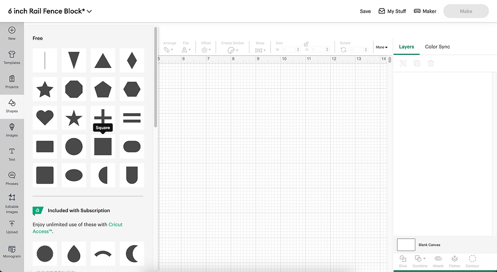 Selecting a square in the shapes panel of Cricut Design Space Canvas