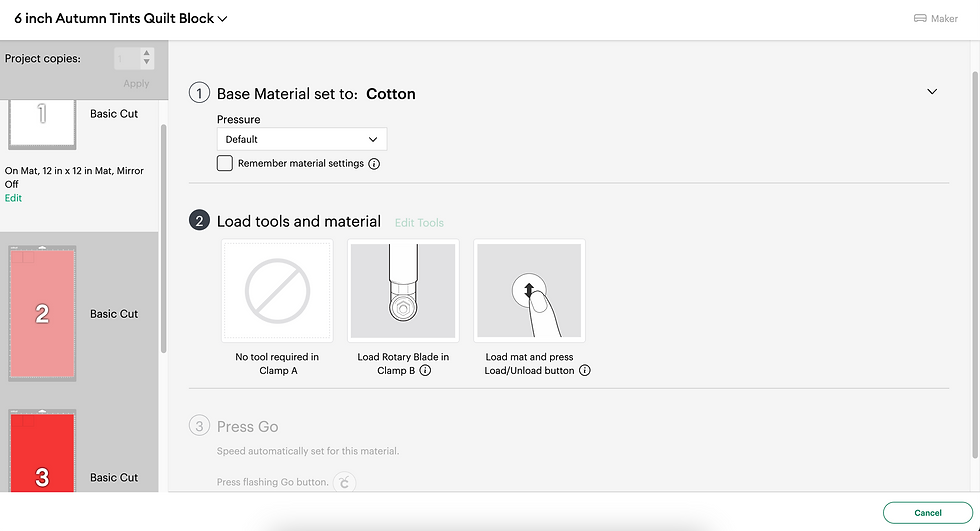 Cricut Design Space "Make" Screen showing Base Material set to Cotton and Step 2 active