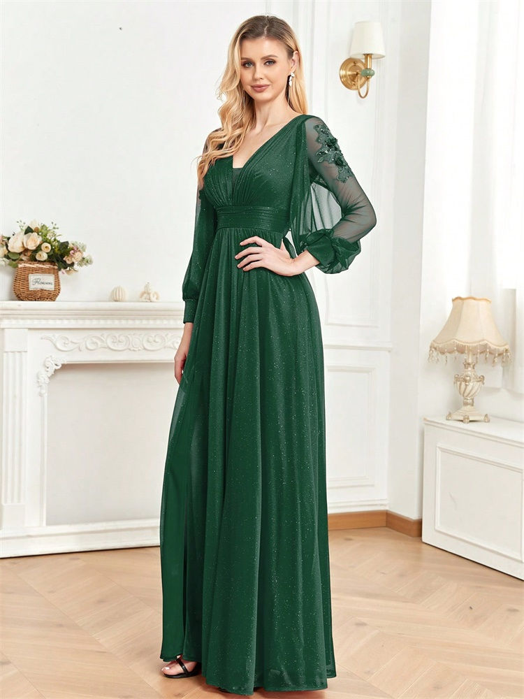 Miniatura: Vestido Longo Feminino Luxo 2024 – Manga Longa, Fenda, Comprimento até o Chão 