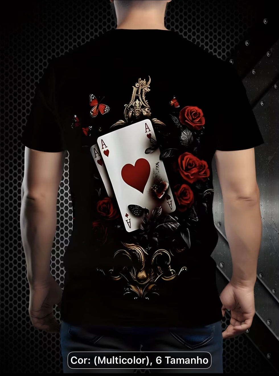 Miniatura: Camisa unissex estampada sem textura Ás de espada e rosa