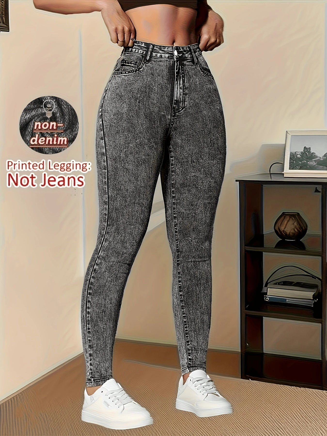 Legging Feminina Jeans Falso Estampada, Leve, Respirável e Cintura Alta