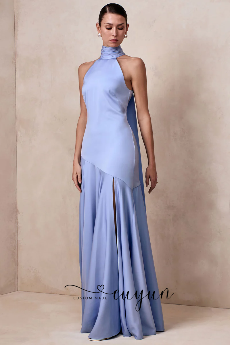 Miniatura: Vestido Longo de Festa Sob Medida  Decote Halter, Fenda Lateral, Sem Mangas