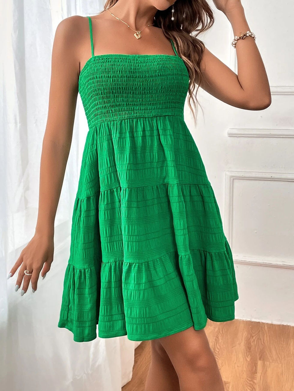 Miniatura: Women's Fashion Spaghetti Strap Smocked Bustier Mini Dress Blue Ruffled Tiered S