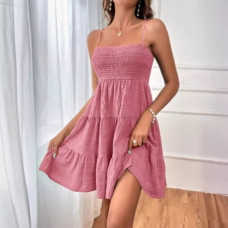 Miniatura: Women's Fashion Spaghetti Strap Smocked Bustier Mini Dress Blue Ruffled Tiered S
