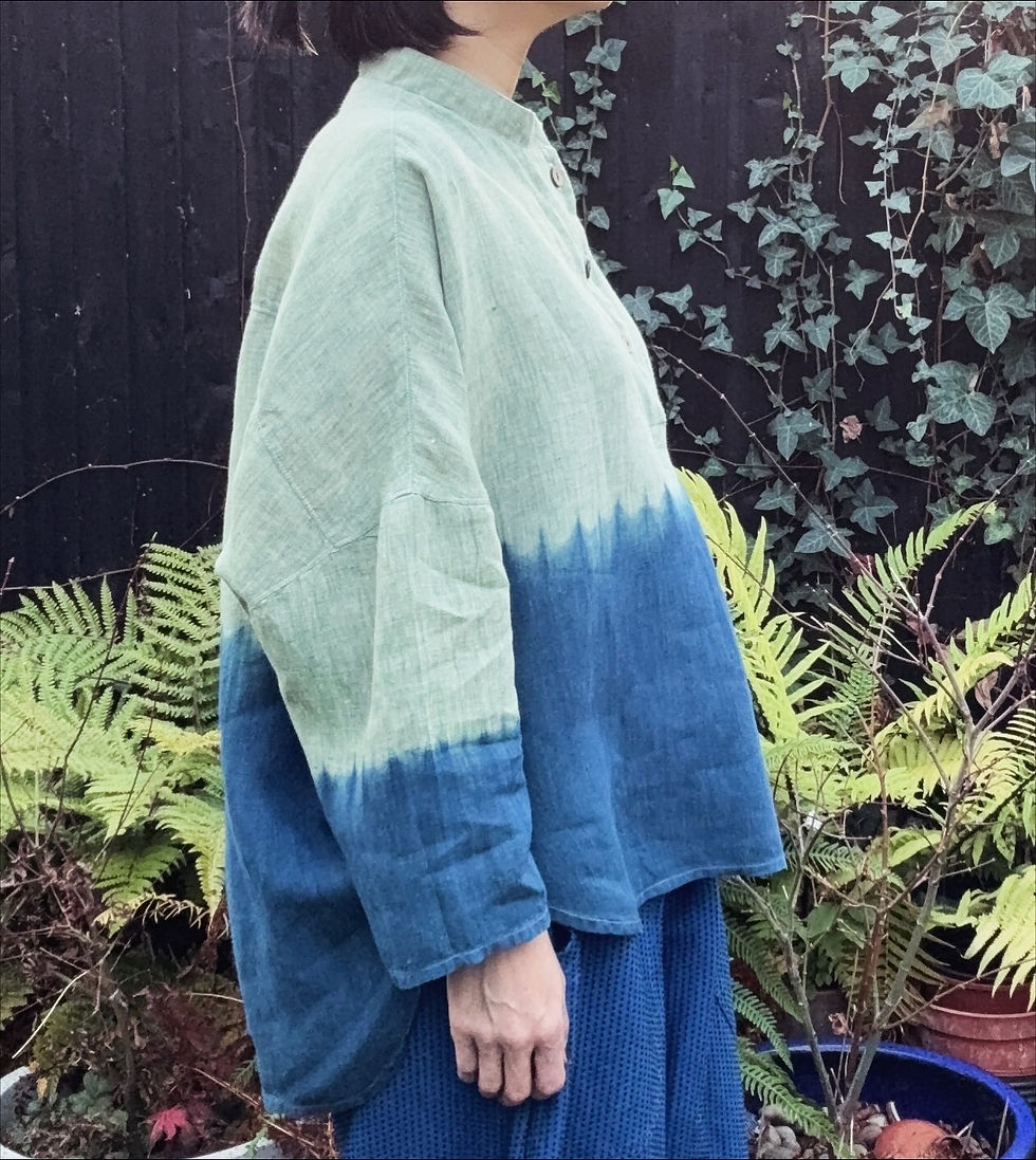 Irish linen green cross pullover shirt shibori dyed with indigo