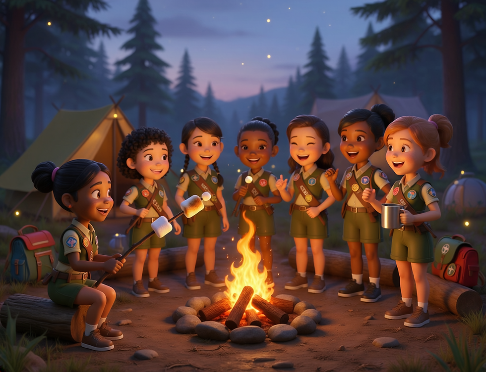 Firefly_“3D animated scene of a diverse group of Girl Scouts gathered around a glowing cam