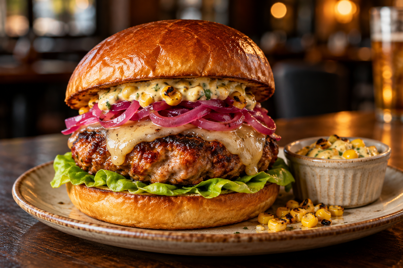 Chicken thigh and chorizo burger with melted manchego, sherry-pickled red onions, butter lettuce and charred-corn aioli in a toasted brioche bun.