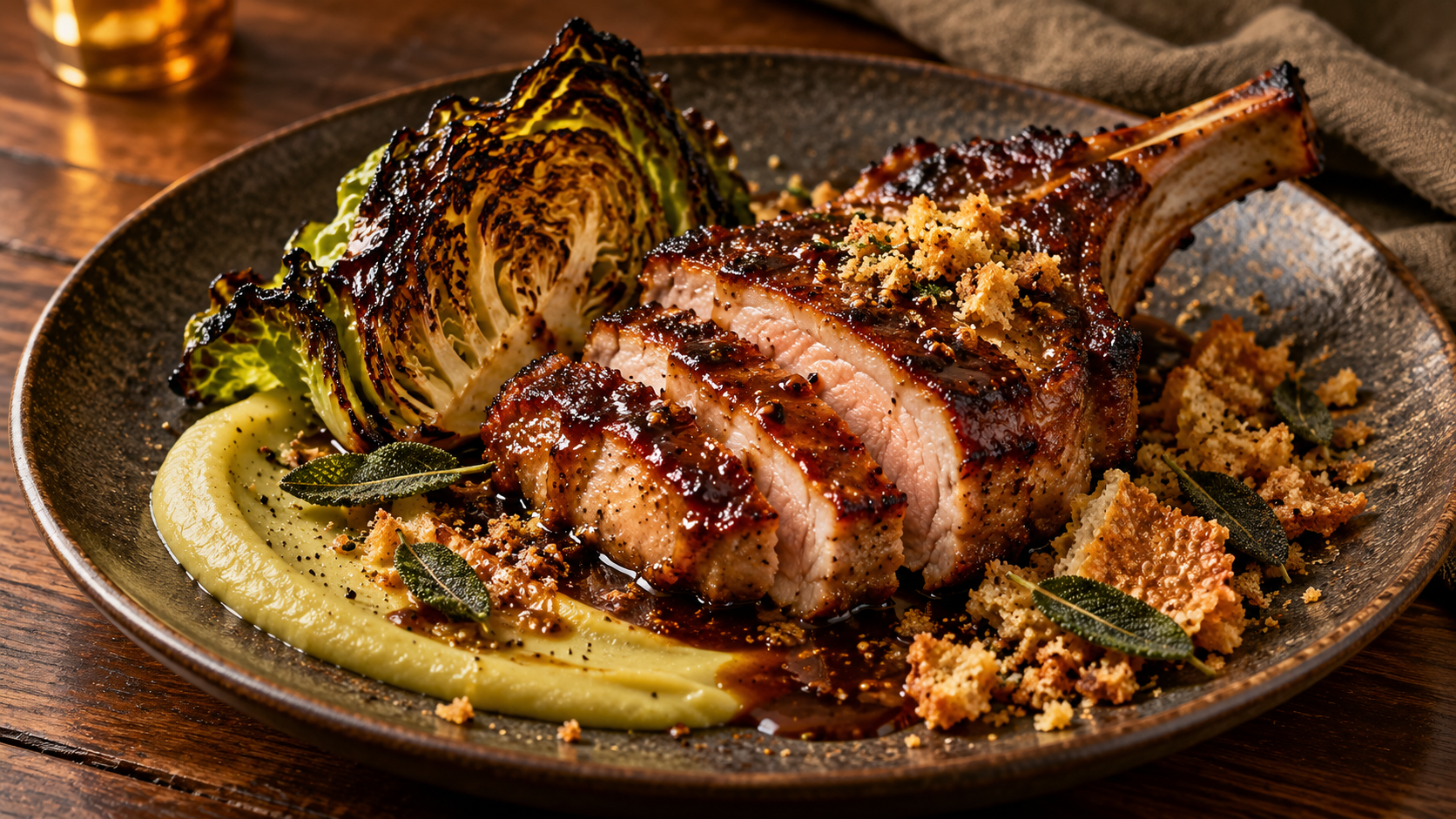 Sliced Vegemite-glazed pork cutlet with charred Savoy cabbage, apple-mustard purée and golden crackling crumb on a dark ceramic plate.