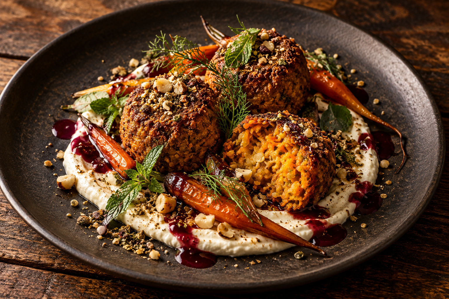 Golden carrot and lentil kofta on smoked labneh with roasted baby carrots, crimson quandong dressing and macadamia dukkah.