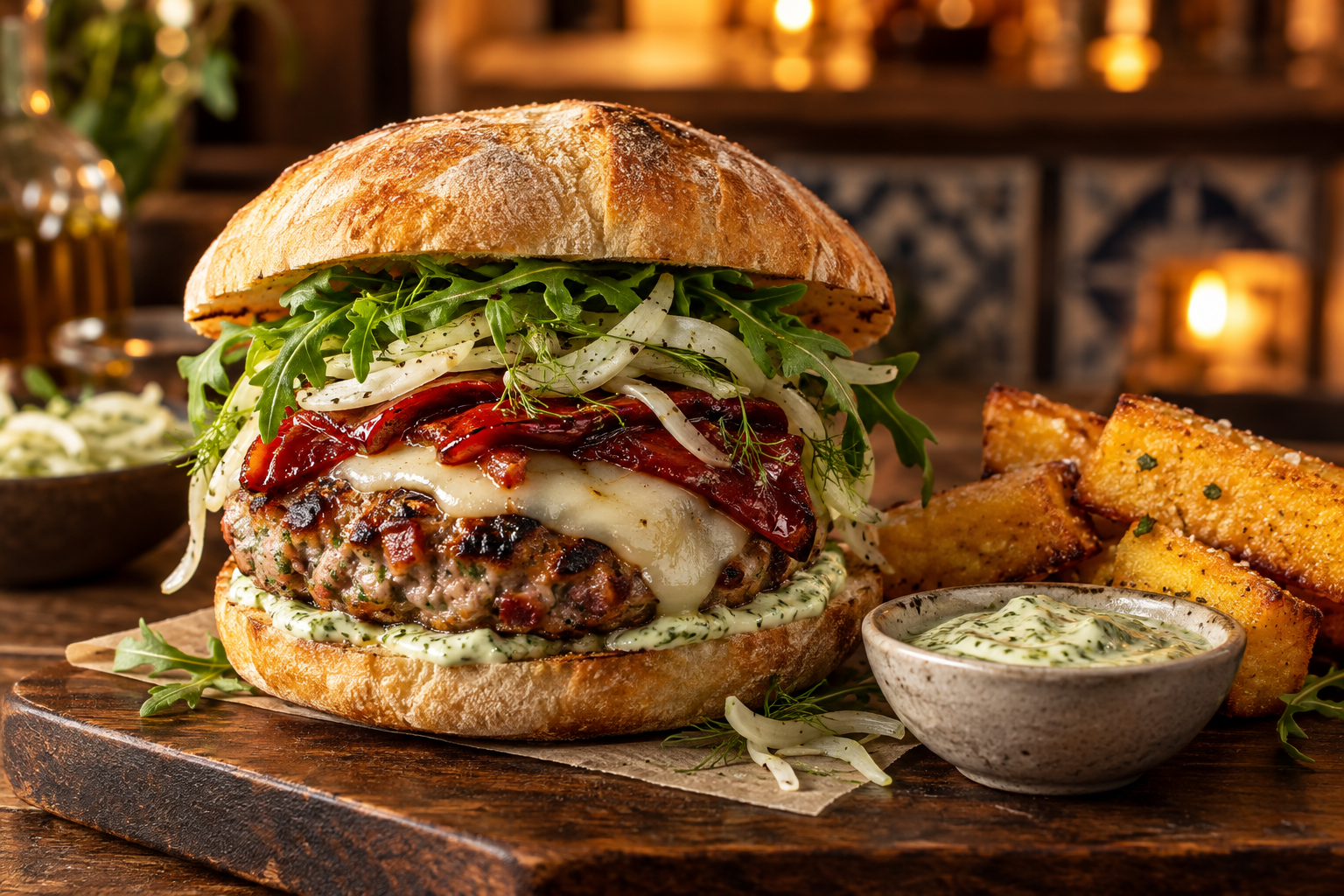 Provolone-topped pork and pancetta burger with burnt capsicum agrodolce, shaved fennel and basil sauce in a toasted ciabatta bun.