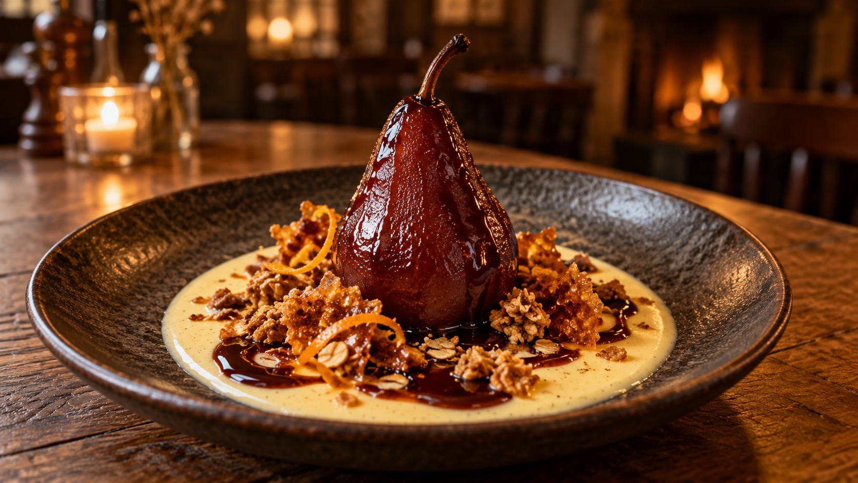 Lacquered stout-poached pear in burnt honey custard with dark stout syrup, golden oat praline and orange zest on a dark plate