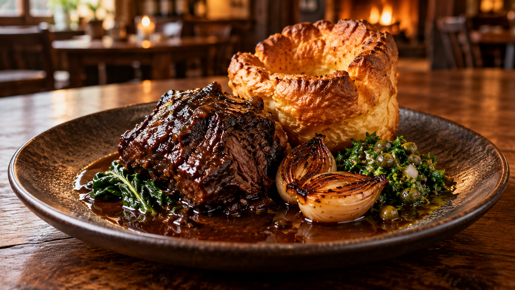 Glossy ale-braised beef cheek with a tall golden horseradish Yorkshire pudding, charred shallots, mustard greens and parsley-caper relish.
