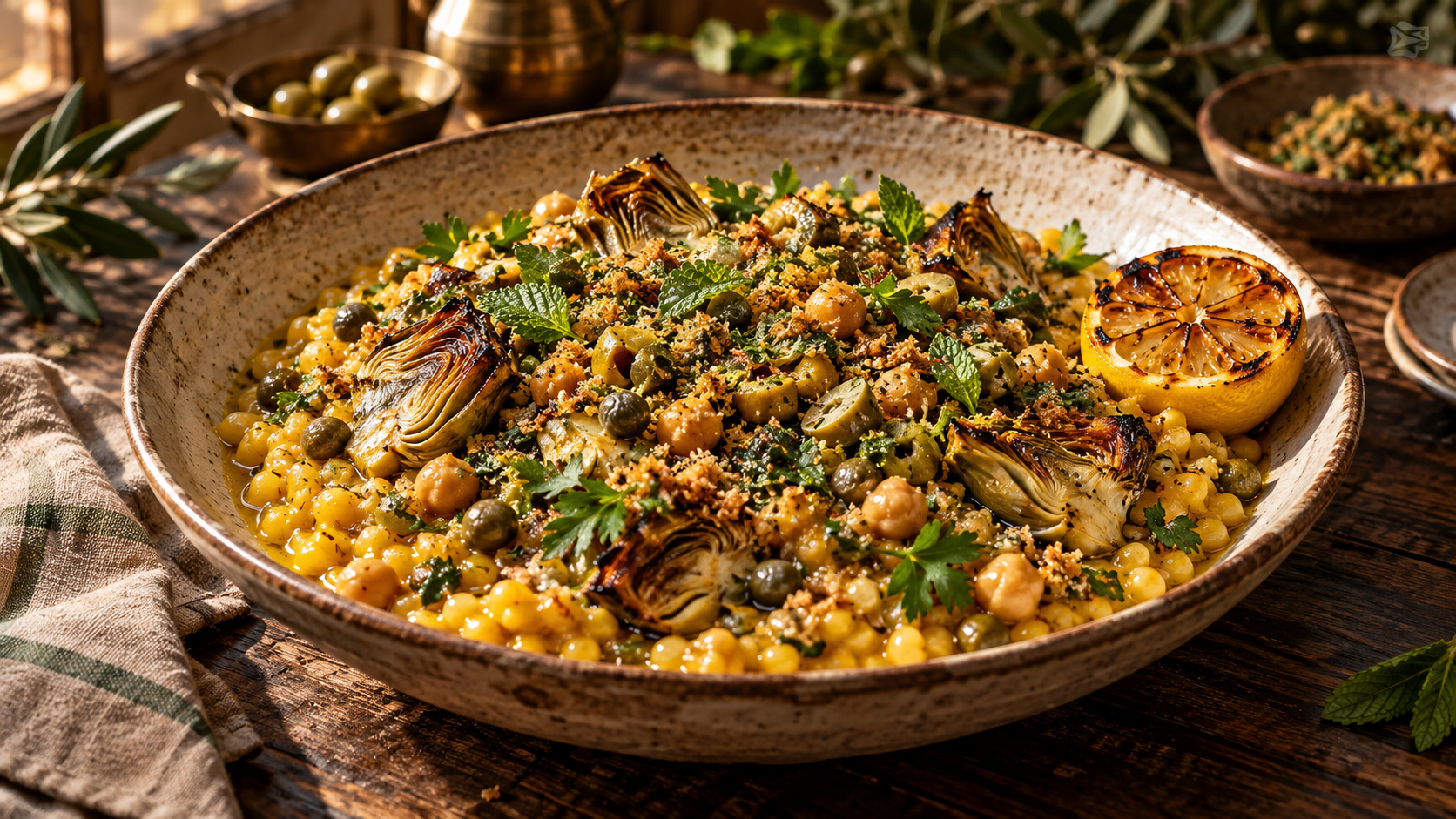 Golden saffron fregola with roasted artichokes and chickpeas, green olive pangrattato, herbs and a charred lemon half in a wide ceramic bowl.