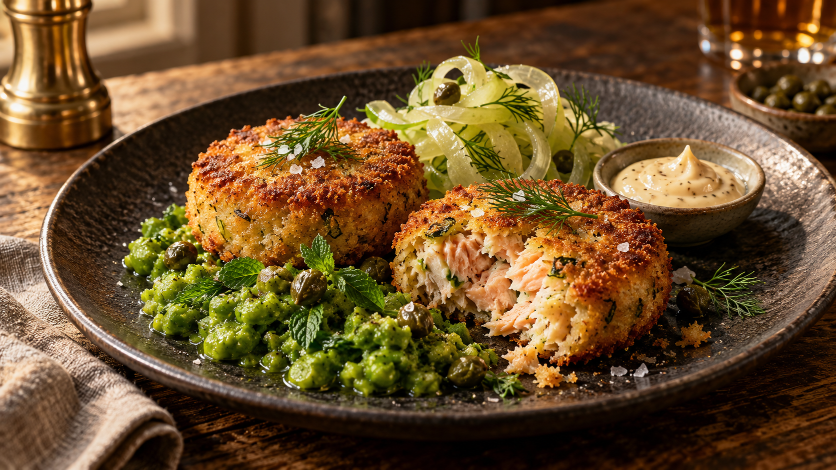 Two crisp smoked trout and leek fishcakes, one cut open, served with minty brown-butter peas, pickled celery ribbons and malt vinegar mayonnaise.