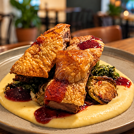 Crisp roast pork with golden crackling, vegetables and purée on a restaurant plate