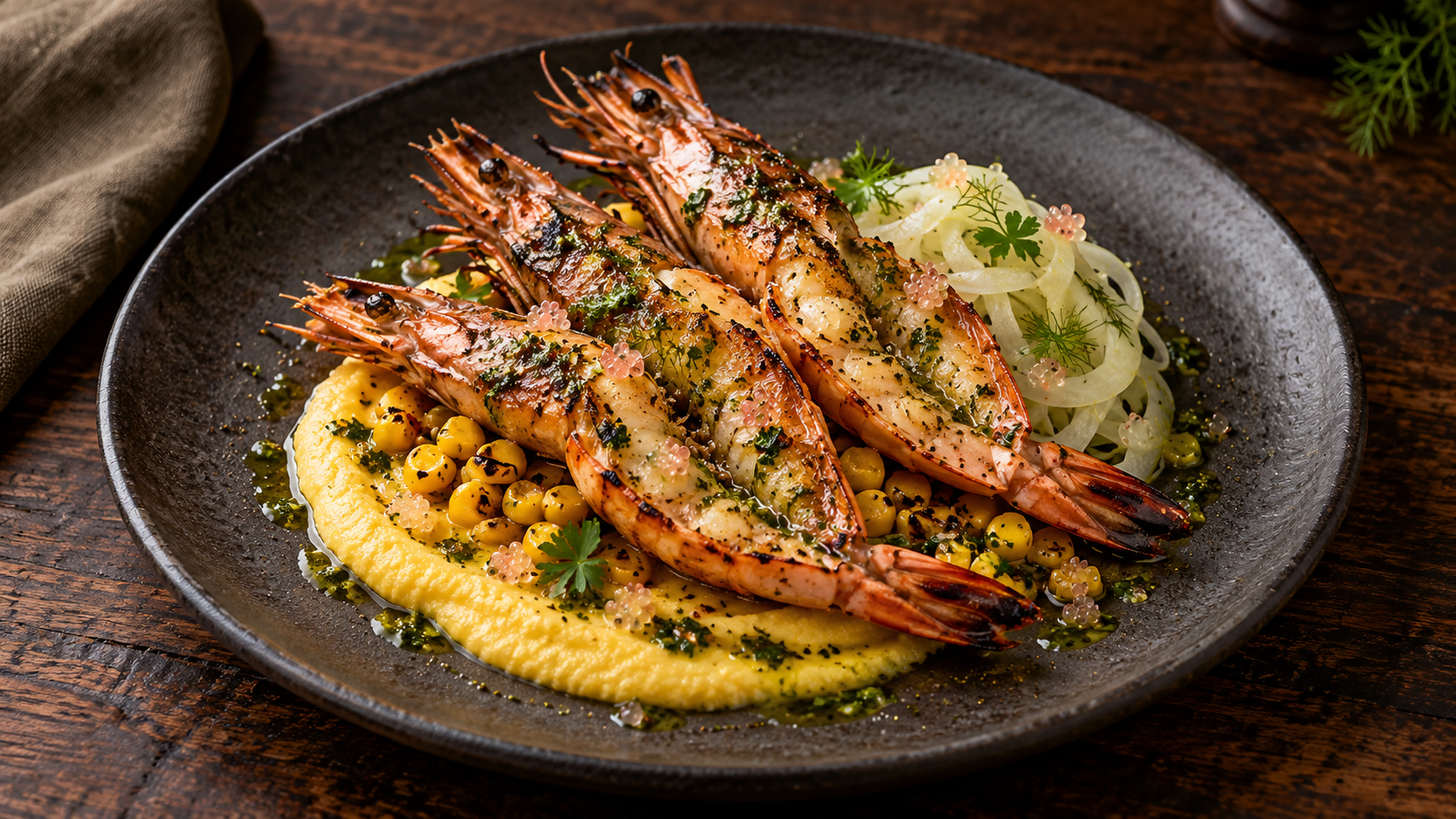 Chargrilled king prawns glazed with finger lime herb butter on creamy sweetcorn polenta with blistered corn, pickled fennel and green pepperberry oil.