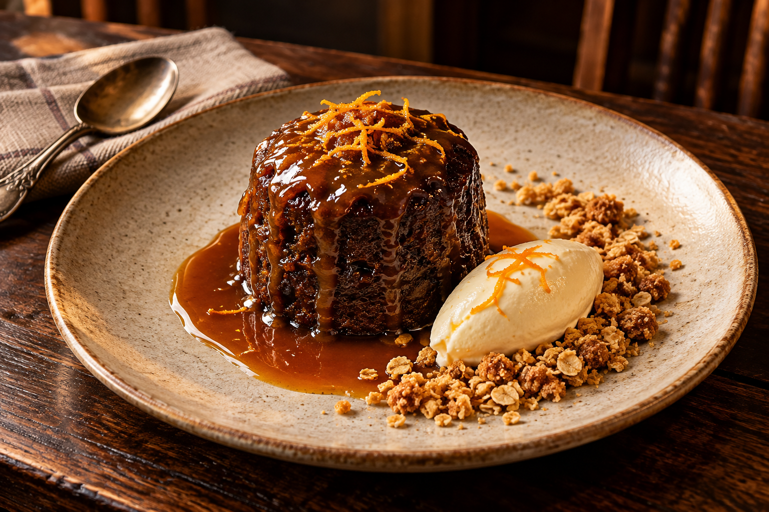 Malt sticky date pudding covered in burnt-orange toffee sauce with oat crumble, clotted cream and fine orange zest.