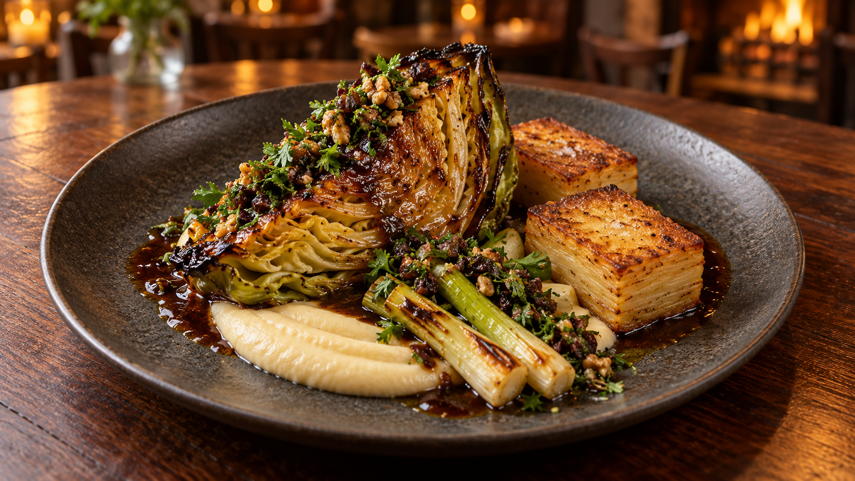 Caramelised roasted cabbage wedge with two crisp potato terrine pieces, parsnip cream, charred baby leeks, dark onion-miso gravy and walnut parsley gremolata.
