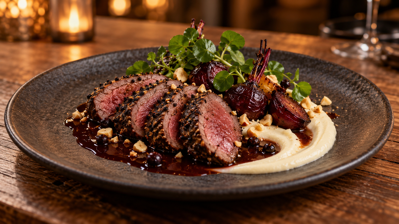 Sliced pepperberry kangaroo loin with roast beetroot, macadamia cream, juniper jus and watercress on a dark plate