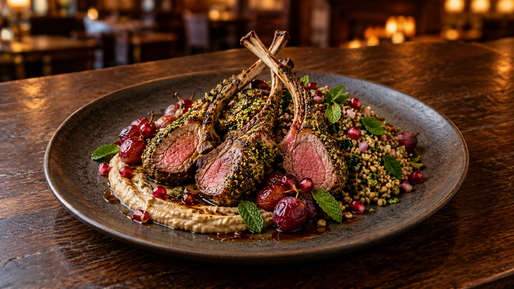 Pink chermoula-crusted lamb cutlets with smoked eggplant cream, freekeh tabbouleh, charred red grapes, pomegranate and mint on a dark ceramic plate.