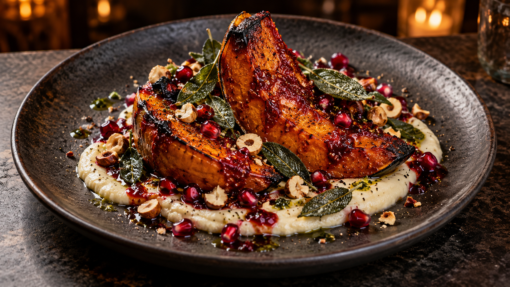 Harissa-roasted pumpkin wedges on creamy white bean skordalia with pomegranate agrodolce, toasted hazelnuts and crisp sage leaves.