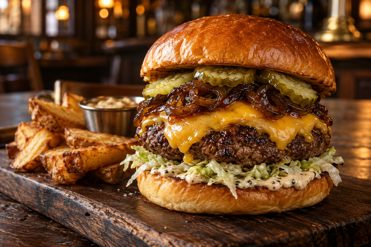 Juicy smoked-cheddar beef burger with porter onions, malt pickles and black-garlic marrow mayonnaise on a toasted potato bun.