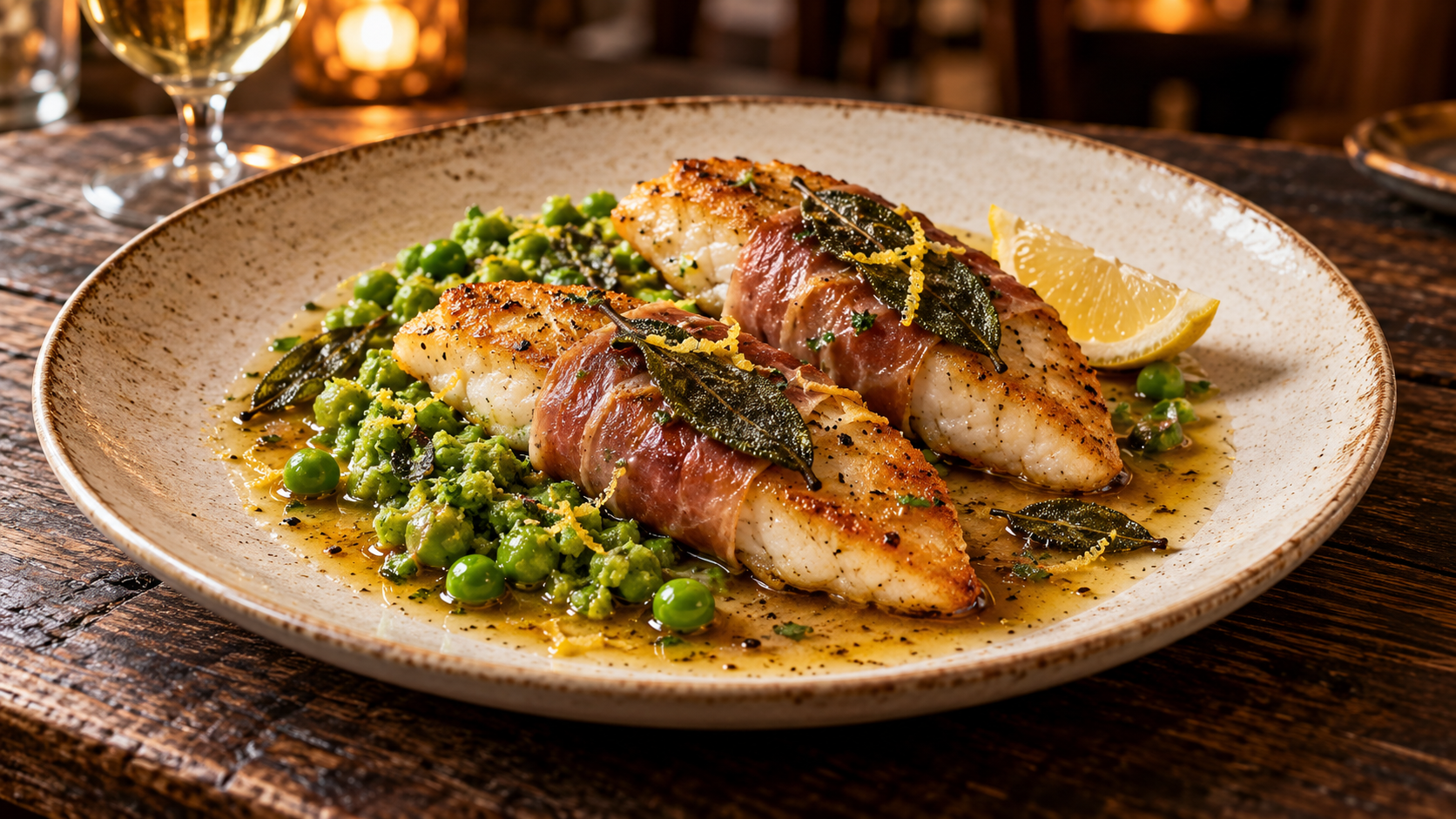 Golden flathead fillets wrapped with prosciutto and sage, served with crushed peas, Marsala-lemon butter and fried sage