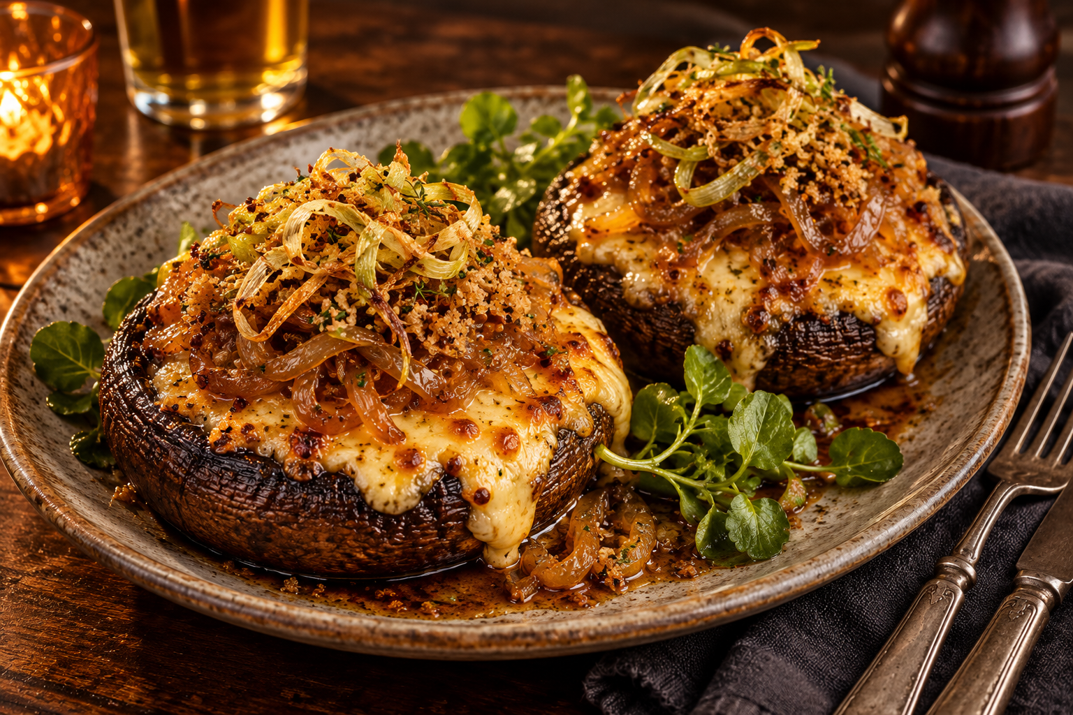 Two Welsh rarebit-stuffed portobello mushrooms topped with cider onions, mustard crumb and crispy leeks, served with watercress.