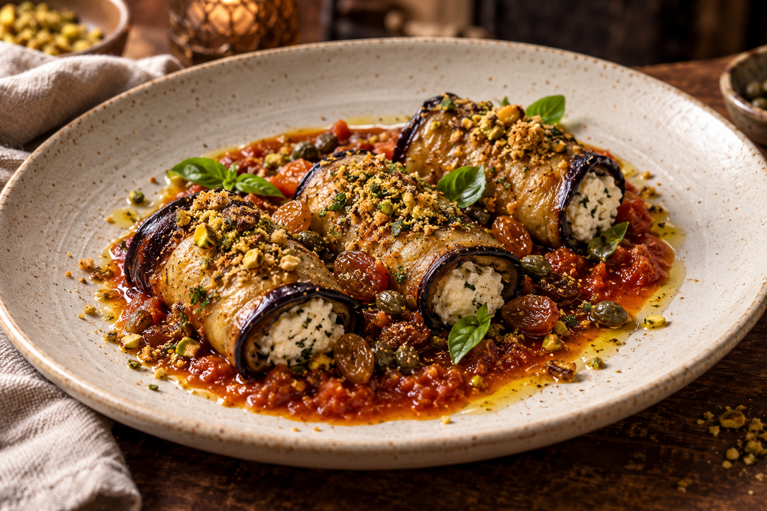 Roasted eggplant involtini filled with almond ricotta in smoked tomato sauce, topped with caper-raisin agrodolce, pistachio crumbs and basil.