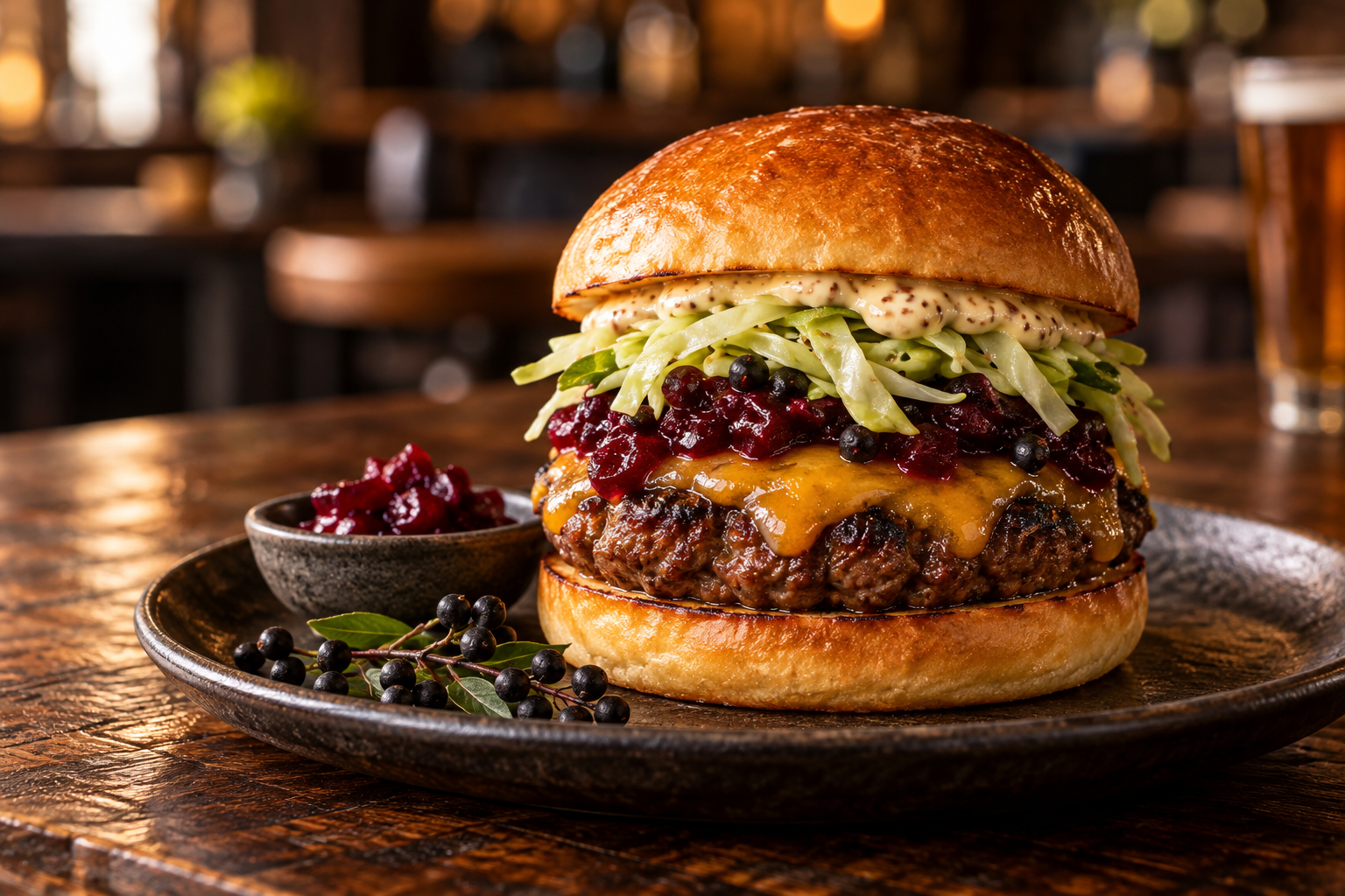 Kangaroo and pork burger with smoked cheddar, pepperberry beetroot relish, cider-pickled cabbage and wattleseed mustard mayonnaise in a toasted potato bun.
