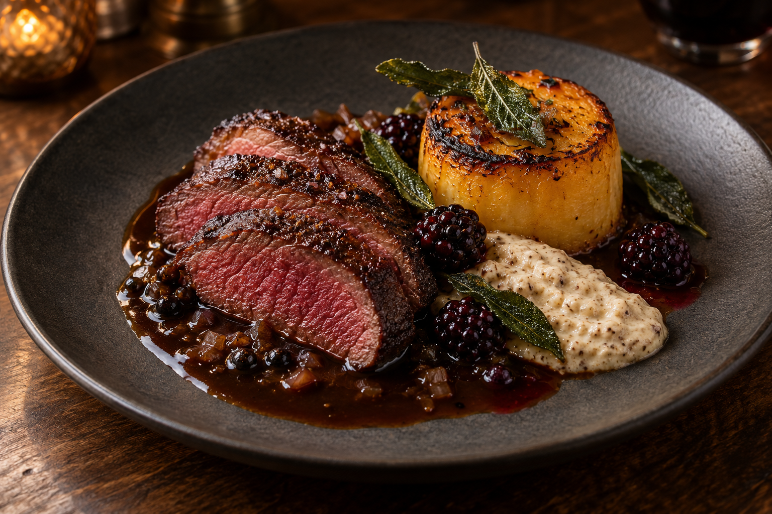 Sliced medium-rare venison rump with golden swede fondant, black-garlic bread sauce, dark cider jus, pickled blackberries and crisp sage.
