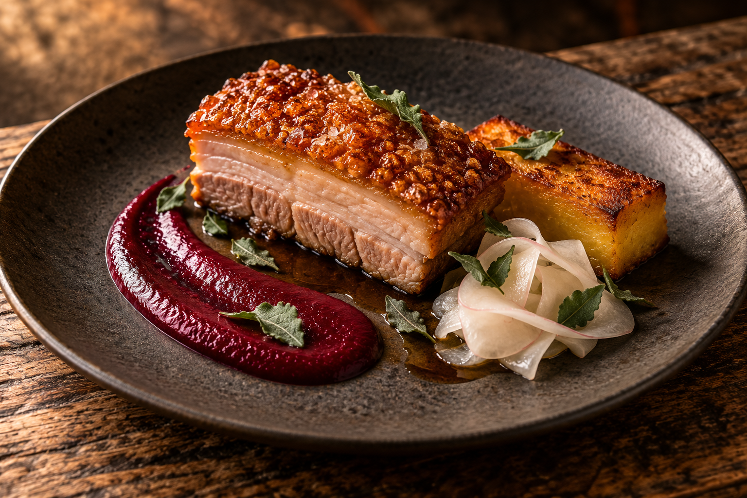Crisp saltbush pork belly with magenta Davidson plum ketchup, golden potato cake and pickled kohlrabi ribbons.