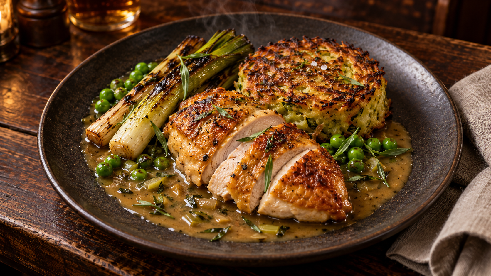 Sliced golden-skinned cider-brined chicken breast with a crisp bubble-and-squeak rösti, charred baby leeks, green peas and tarragon gravy.