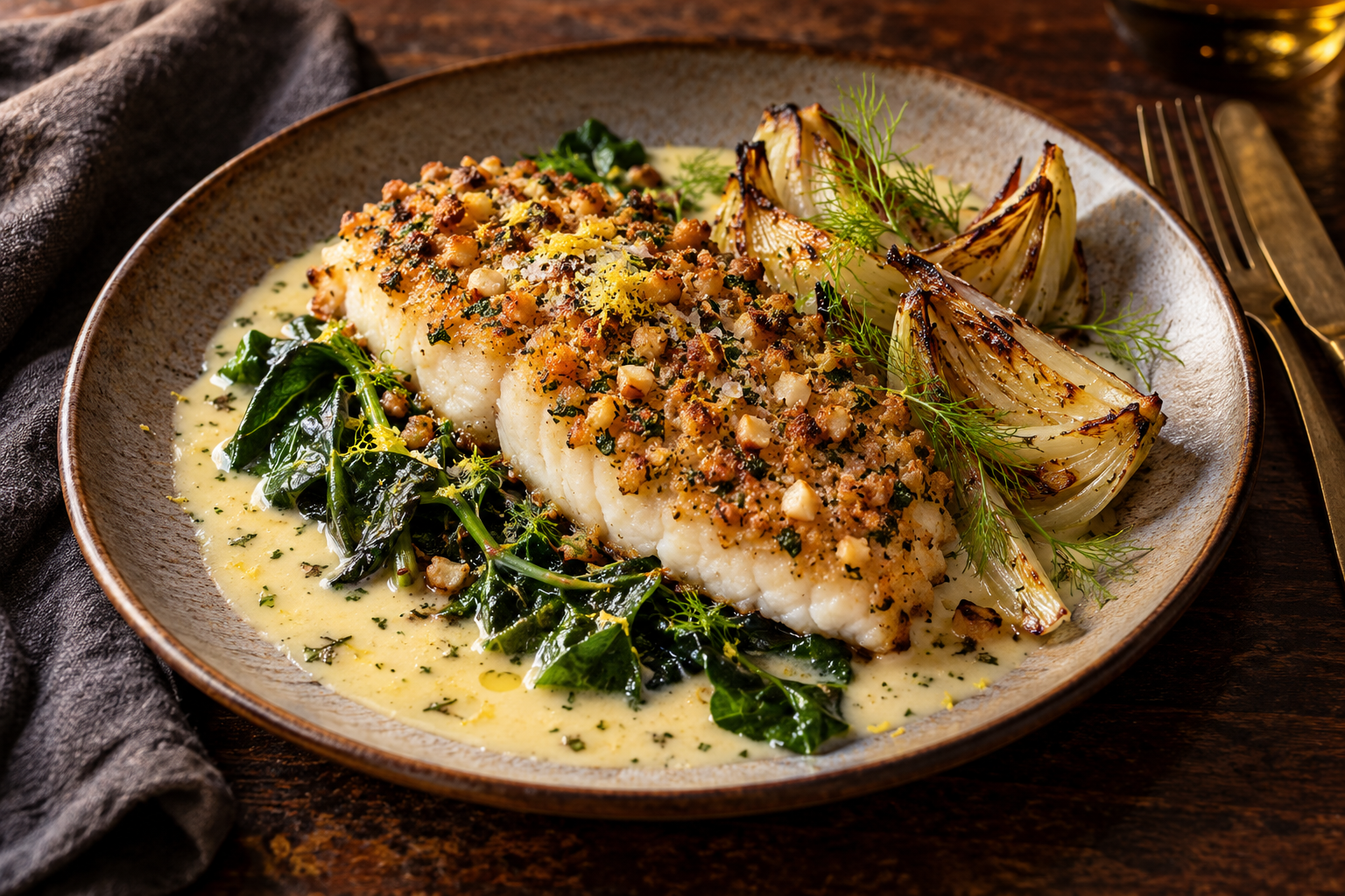 Macadamia-crusted blue-eye fillet with lemon myrtle beurre blanc, charred fennel and glossy Warrigal greens on a stoneware plate.