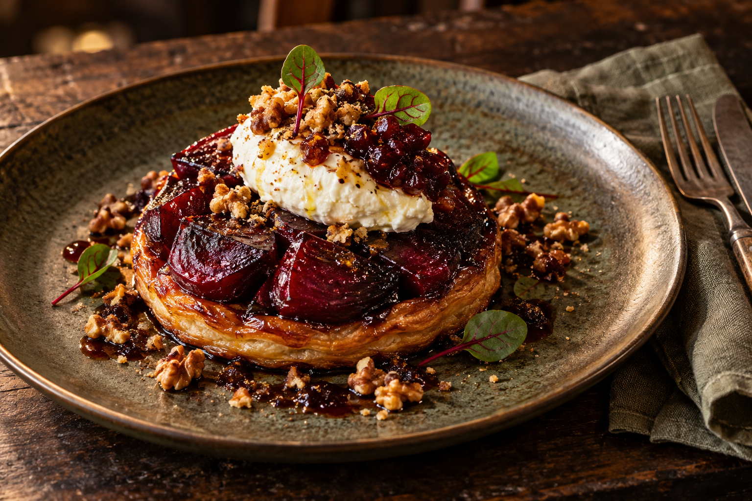 Salt-baked beetroot tarte tatin topped with whipped goat’s curd, dark quandong chutney, walnut crumb and baby beet leaves.