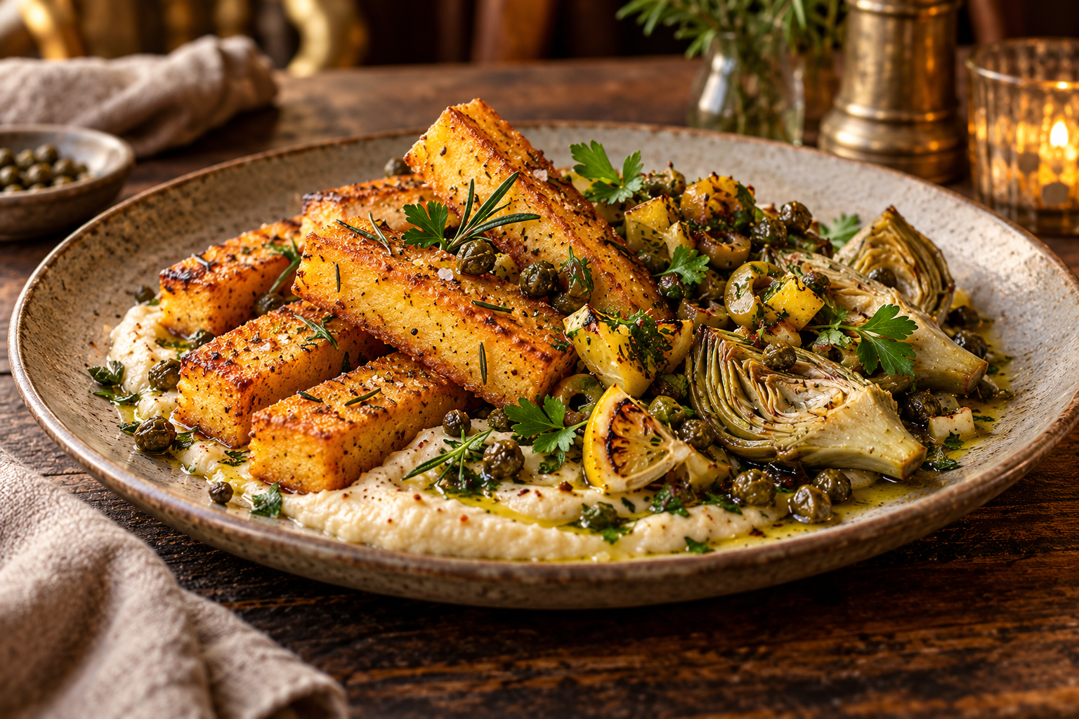 Crisp golden rosemary chickpea panisse with braised artichokes, almond skordalia, green olives, burnt lemon and fried capers.