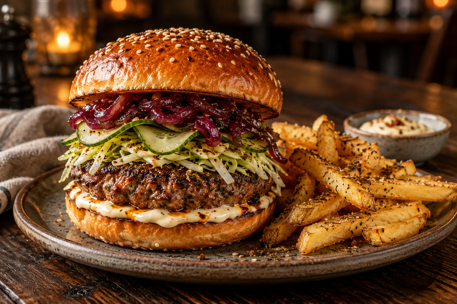 Lamb and beef merguez burger with harissa onions, cumin cucumber pickles, cabbage and preserved-lemon toum beside za’atar fries.