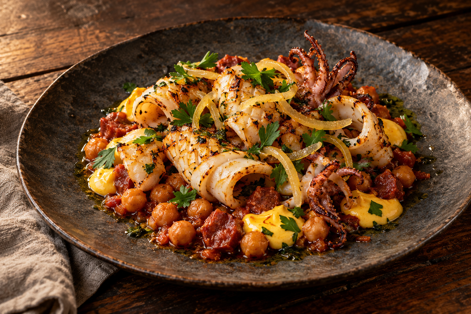 Charred calamari curls and tentacles over tomato and chorizo-braised chickpeas with saffron aioli and preserved lemon.