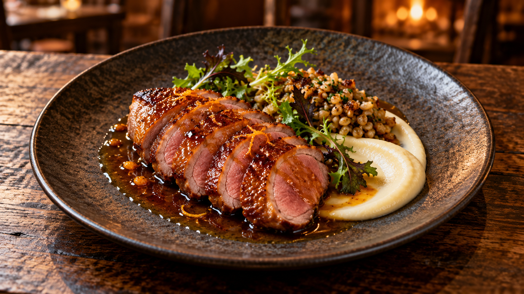 Sliced marmalade-glazed duck breast with crispy pearl barley, parsnip cream, cider jus and bitter leaves on a dark plate
