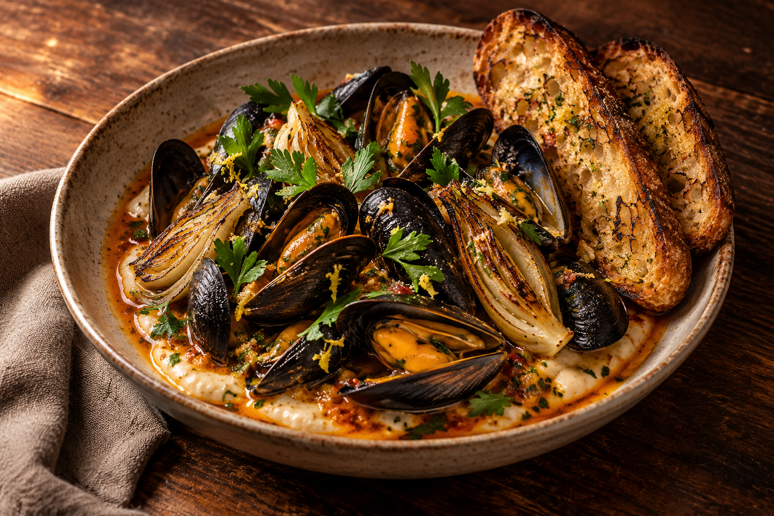 Black mussels in red ’nduja butter broth over white bean cream with charred fennel and garlic sourdough.