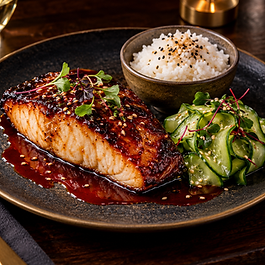 Miso-roasted kingfish with red quandong glaze, sesame cucumber and steamed rice
