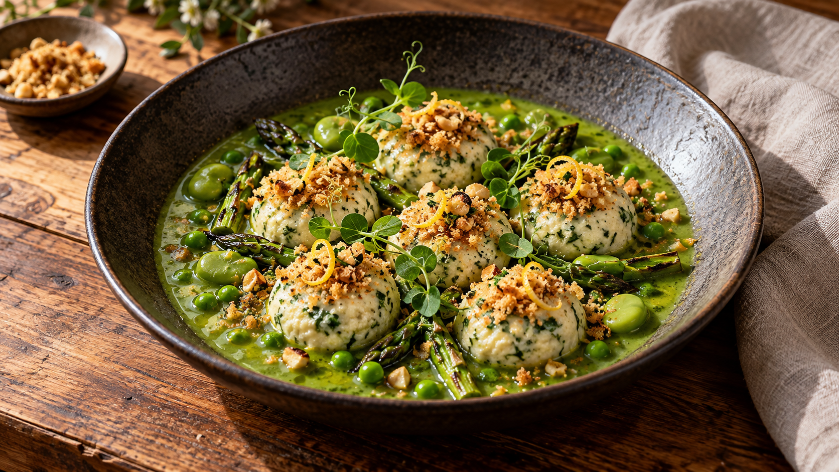 Herb-flecked ricotta gnudi in bright green pea broth with charred asparagus, broad beans and golden macadamia pangrattato.