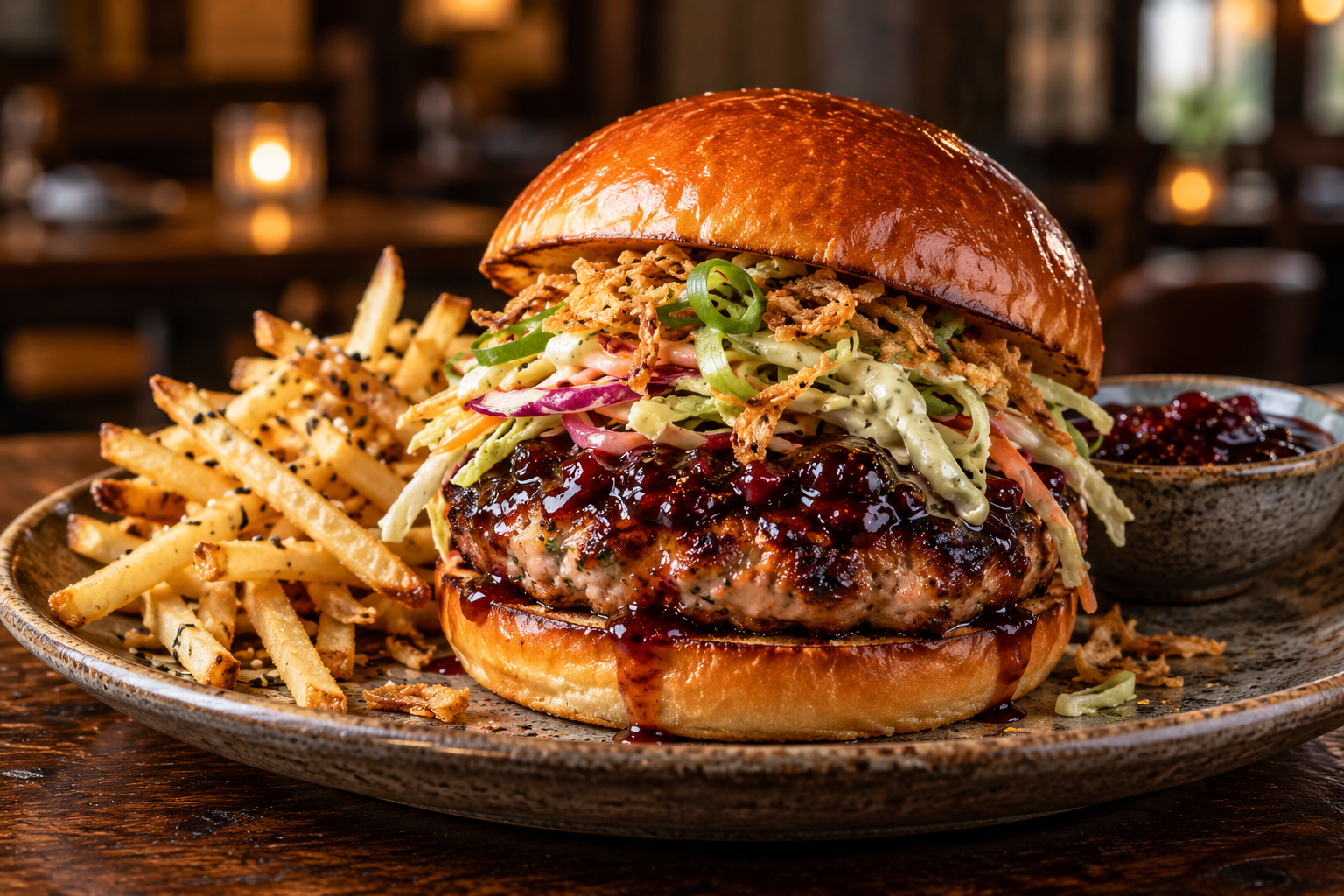 Duck and pork burger glazed with sour-cherry hoisin, topped with black-vinegar slaw, scallion mayo and fried shallots beside sesame fries.