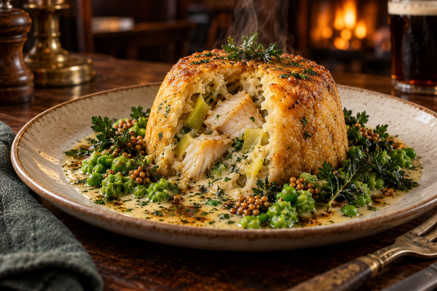 Golden smoked haddock and leek suet pudding opened to show the fish filling, with crushed peas, parsley sauce and pickled mustard seeds.