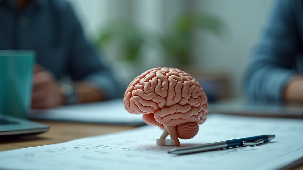 Close-up view of a brain model on a desk with medical notes