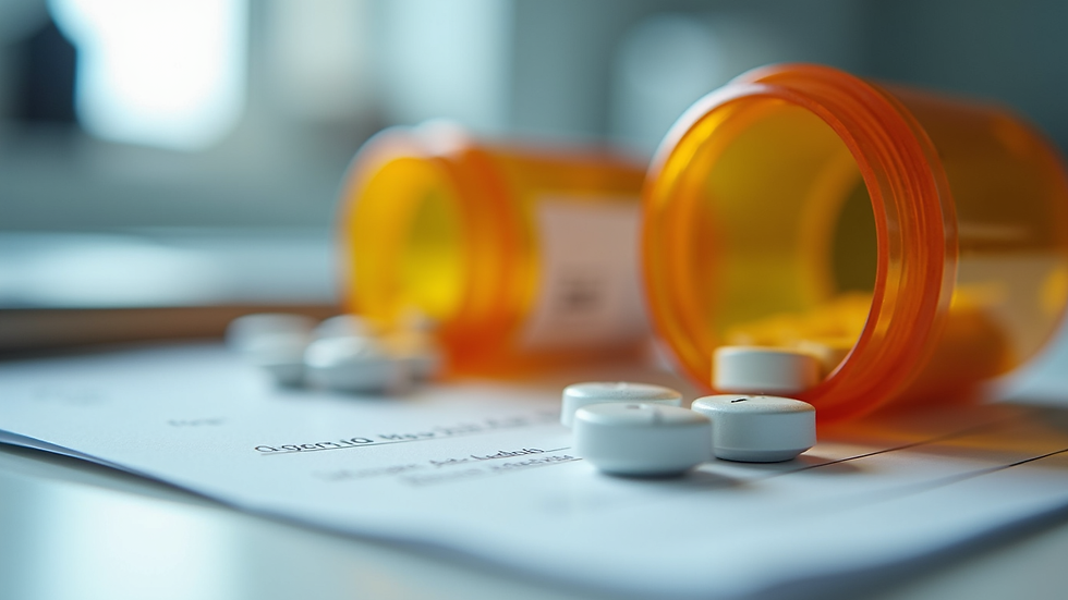 Close-up view of medication bottles and a prescription pad