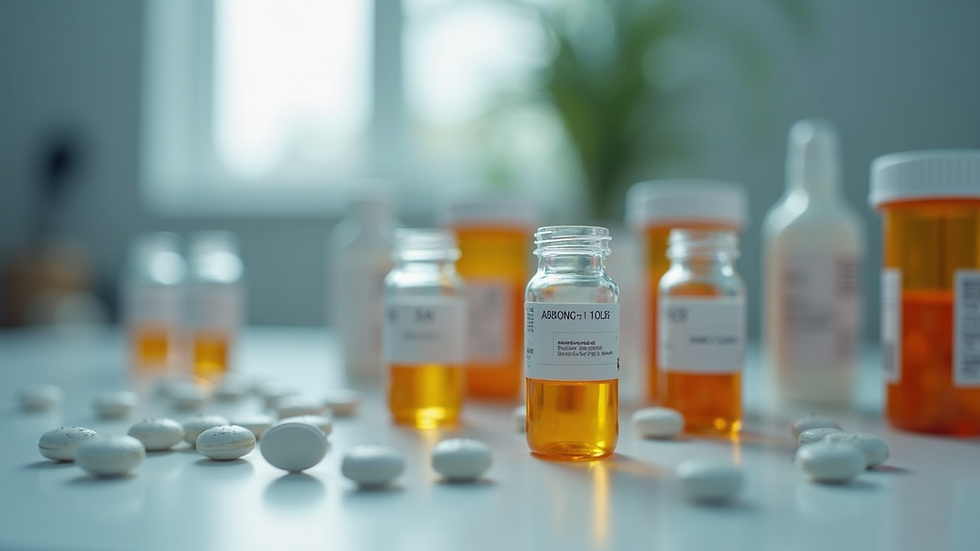 Close-up view of medication bottles used for neurological conditions